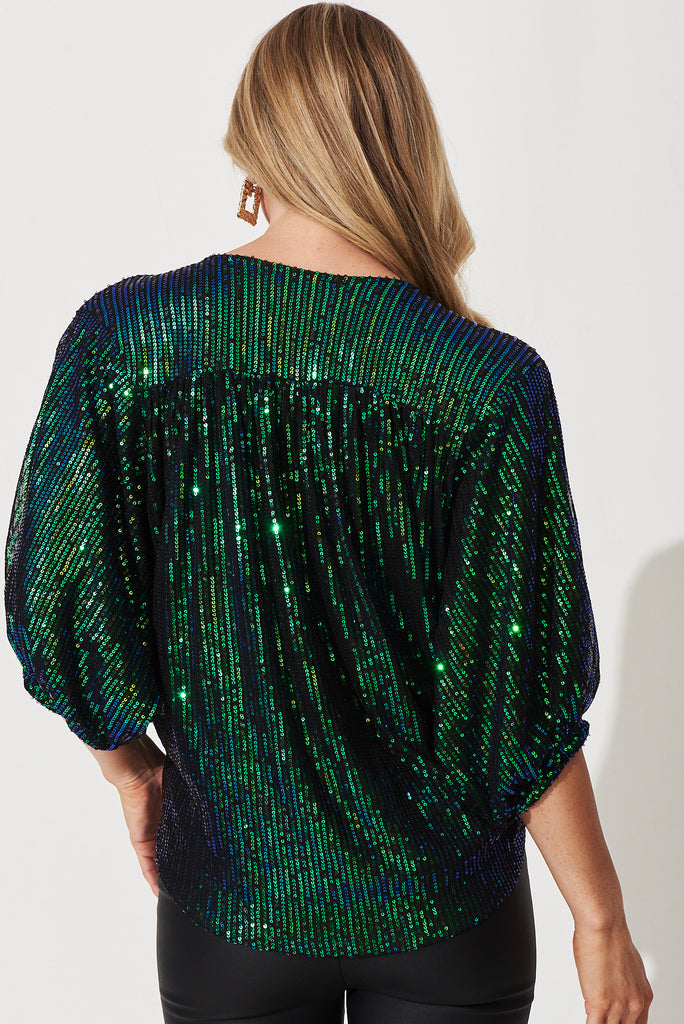 Celebration Sequin Mock Wrap Top In Bright Green - back