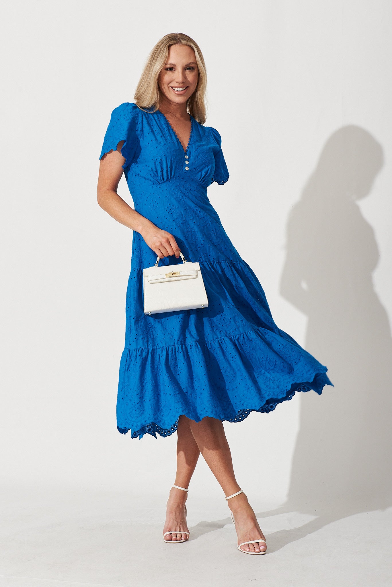 Charm Midi Dress In Blue Broderie - full length