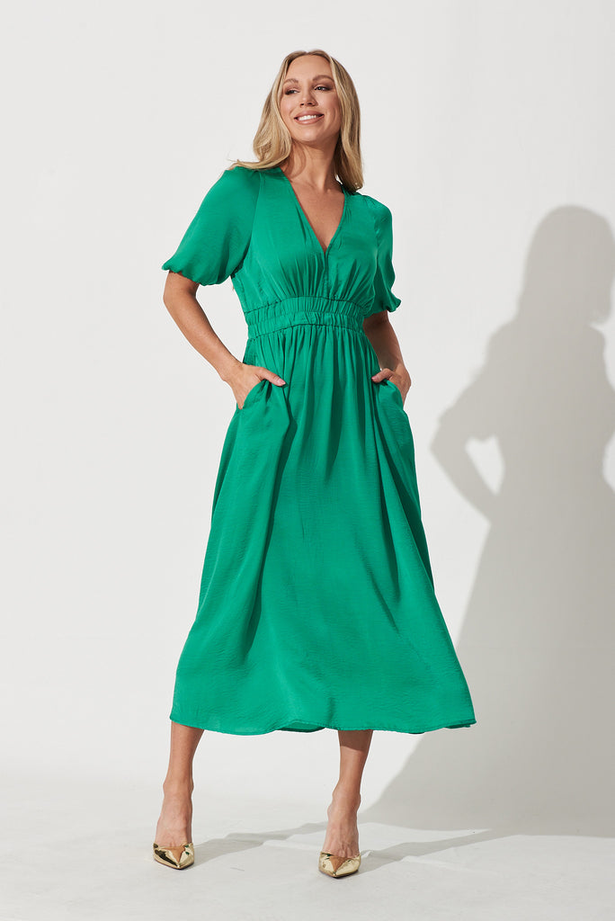 Magnetism Maxi Dress In Teal Satin - full length