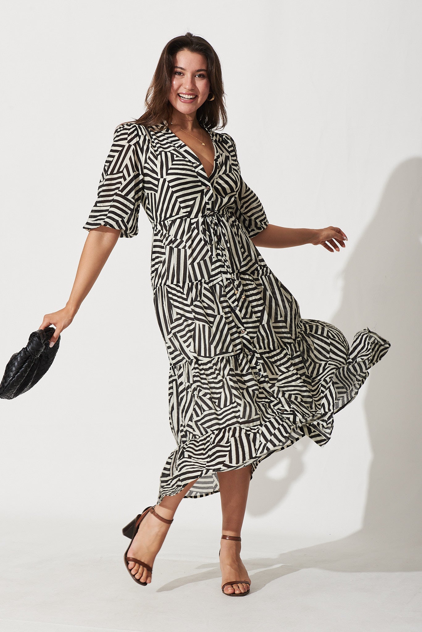 Lizzo Midi Shirt Dress In Black With White Geometric Print – St Frock