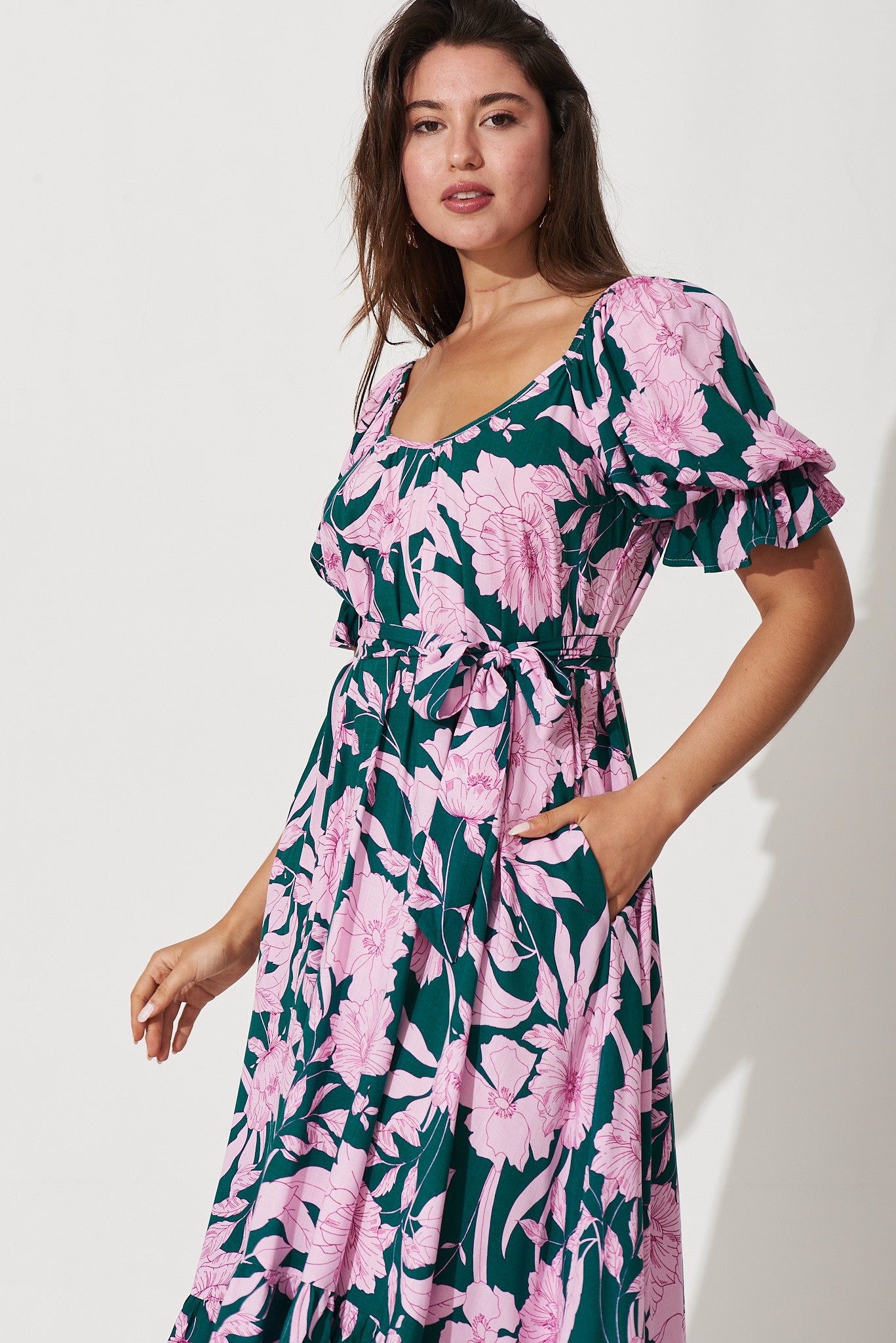 Mira Midi Dress In Green With Pink Floral – St Frock
