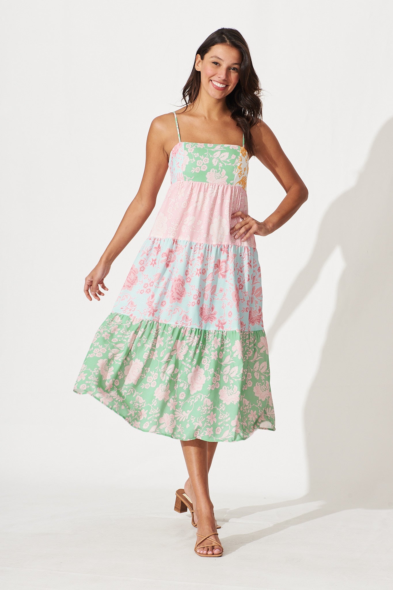 Fay Midi Dress In Green With Pink And Blue Patchwork Floral Linen Blen – St  Frock