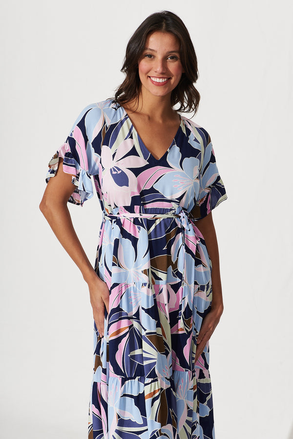 Missy Midi Dress In Blue With Purple Lily Floral Print – St Frock