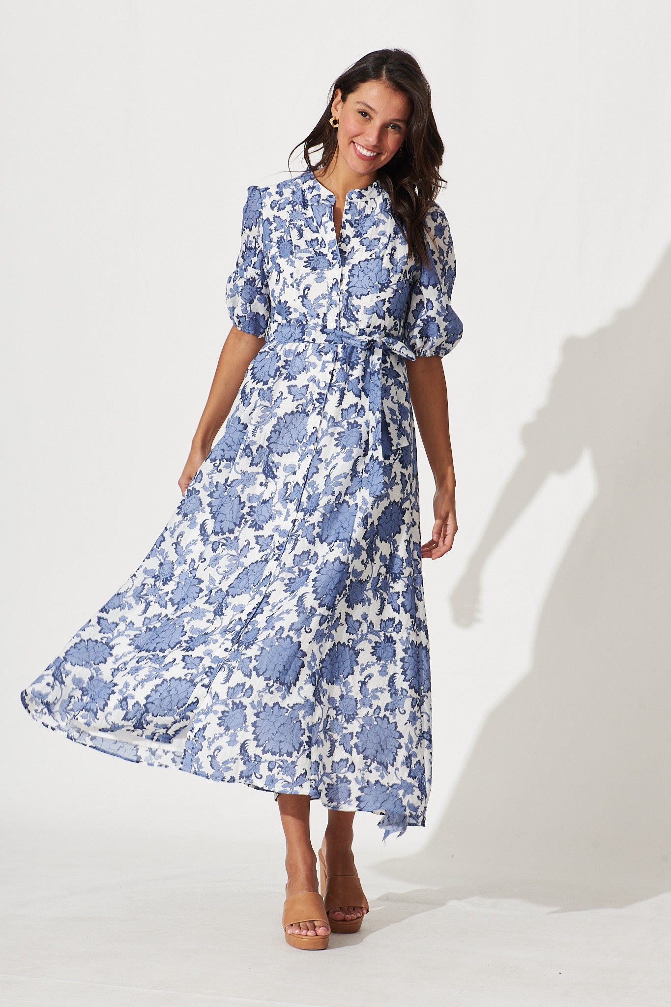 Loriet Maxi Shirt Dress In Blue With White Floral Cotton Blend