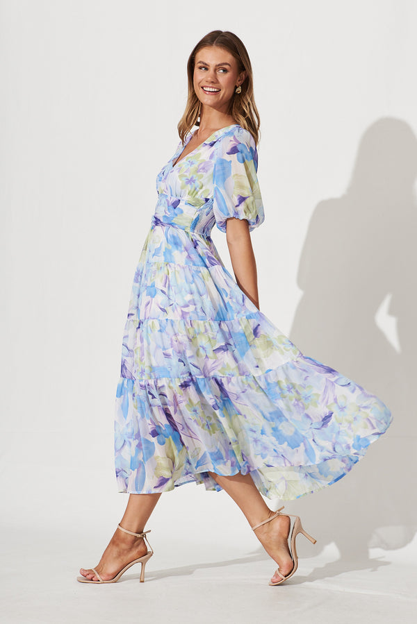 Celine Midi Dress In Blue With Green Watercolour Floral Print – St Frock