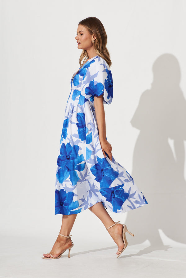 Daydreamer Midi Dress In White With Blue Flower Print – St Frock