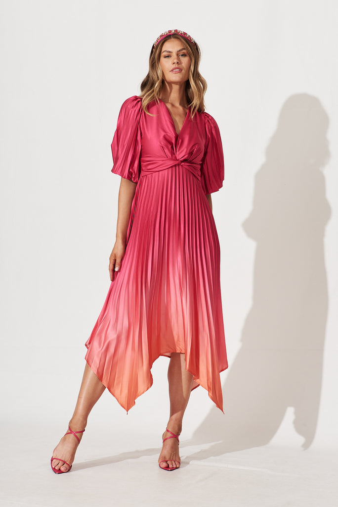 Florence Midi Dress In Hot Pink Ombre Pleated Satin - full length