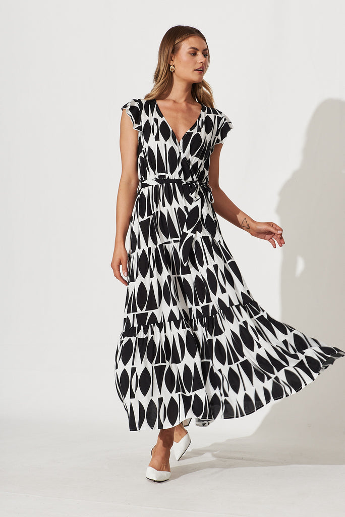 Colleen Maxi Dress In Black With White Print - full length