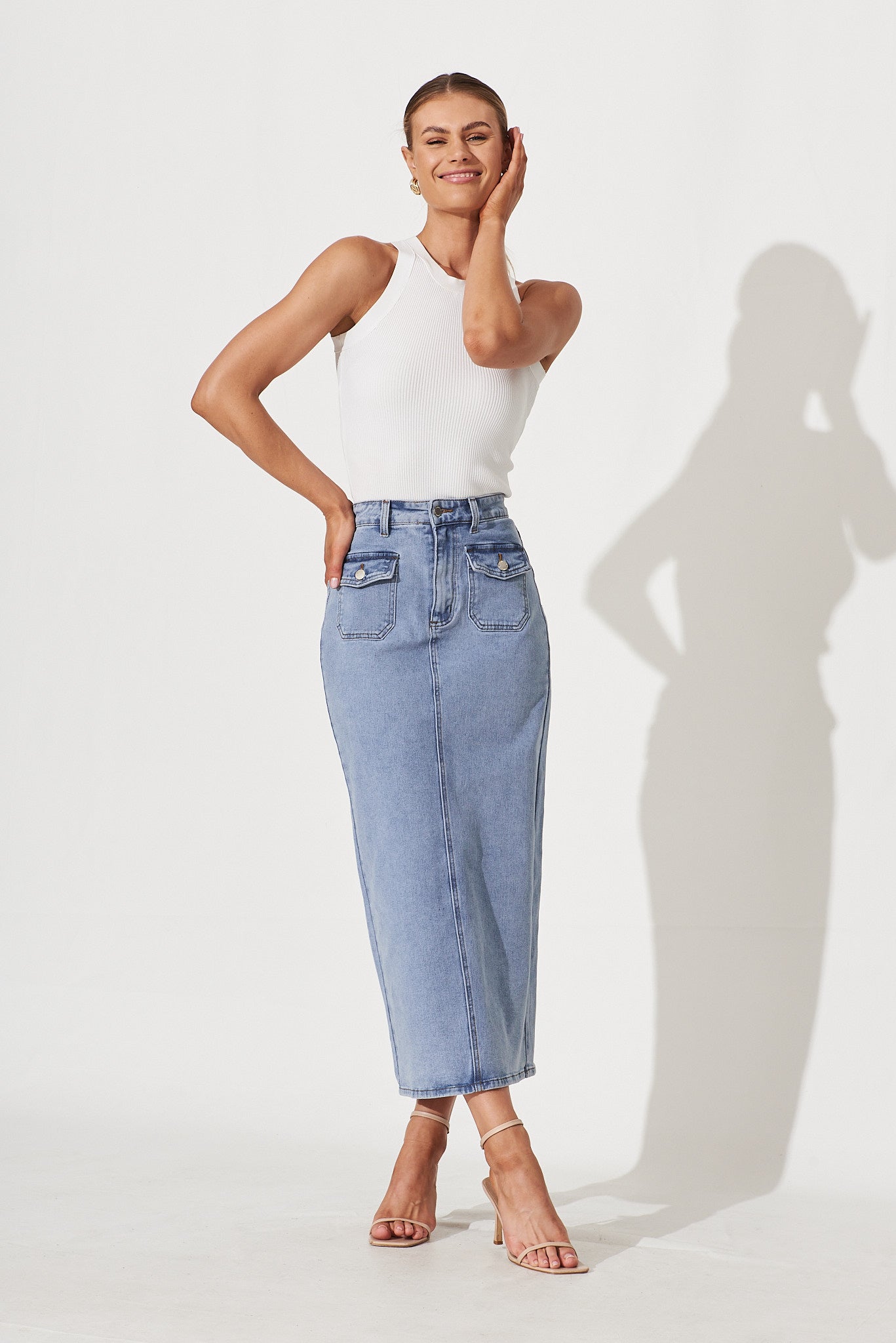 Delta Maxi Denim Skirt In Mid Blue - full length