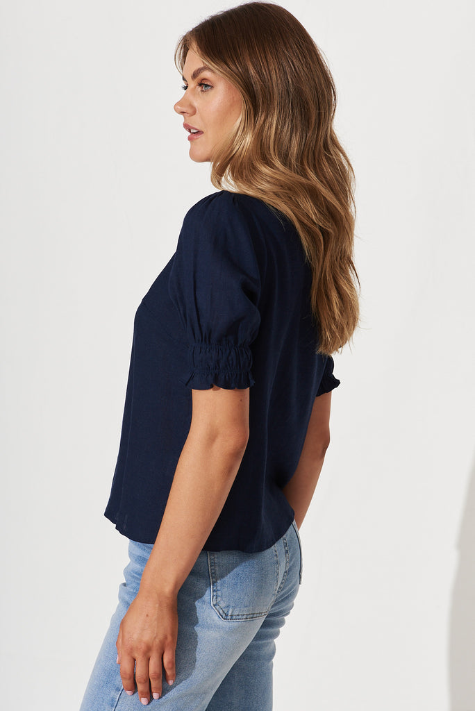 Melanie Top In Navy Cotton Linen Blend - side