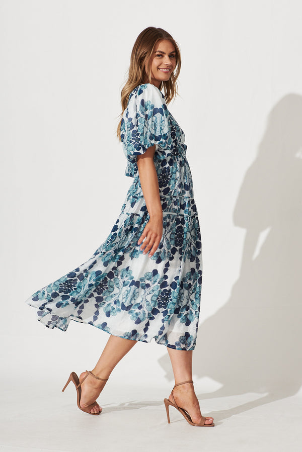 Amalie Midi Dress In Blue Leaf Print – St Frock