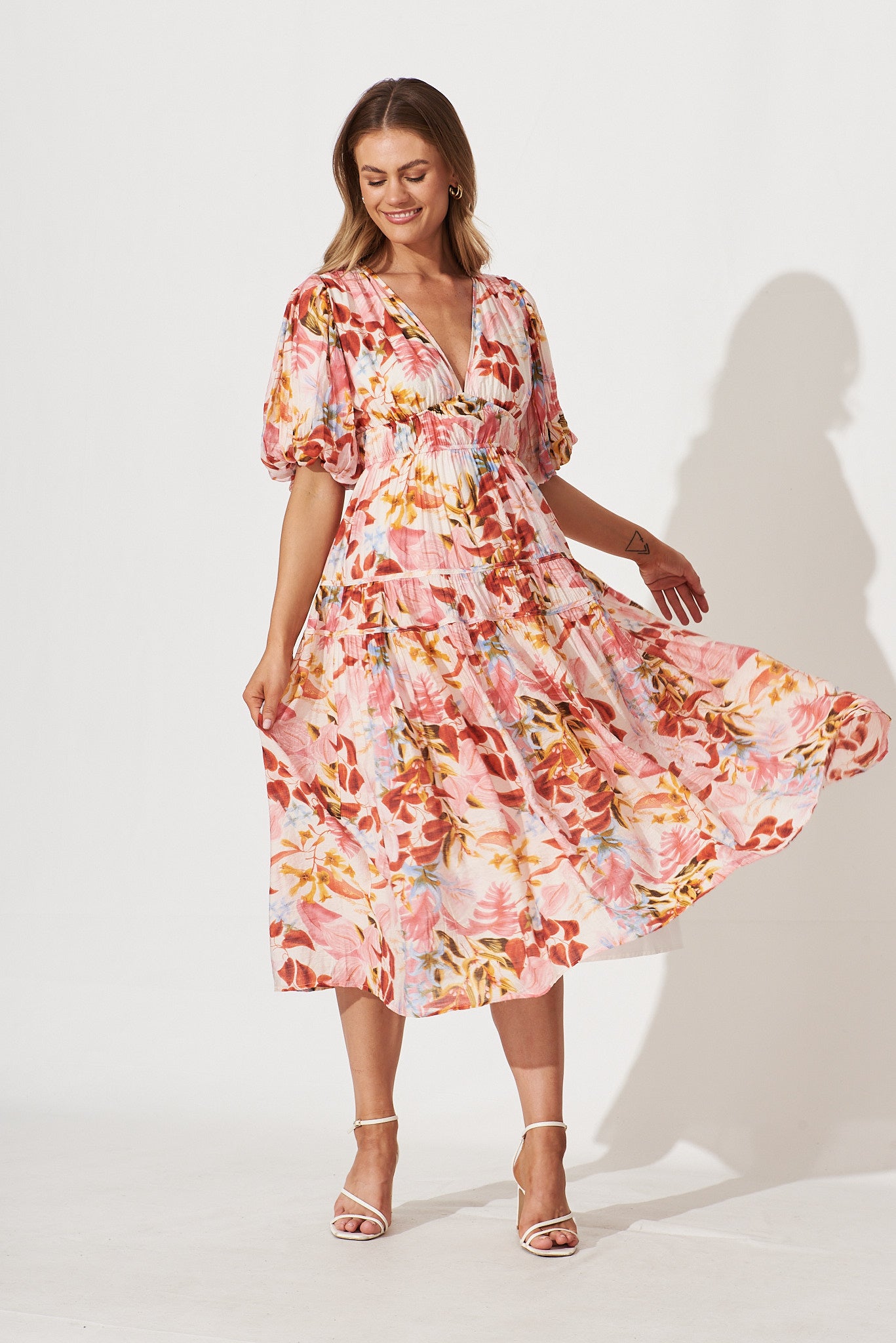 Amalie Midi Dress In Pink With Red Leaf Print – St Frock