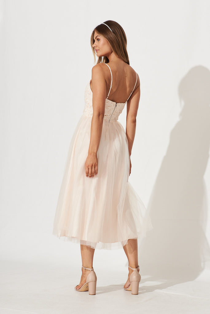 Chloe Midi Dress In Champagne Lace And Tulle Skirt - back