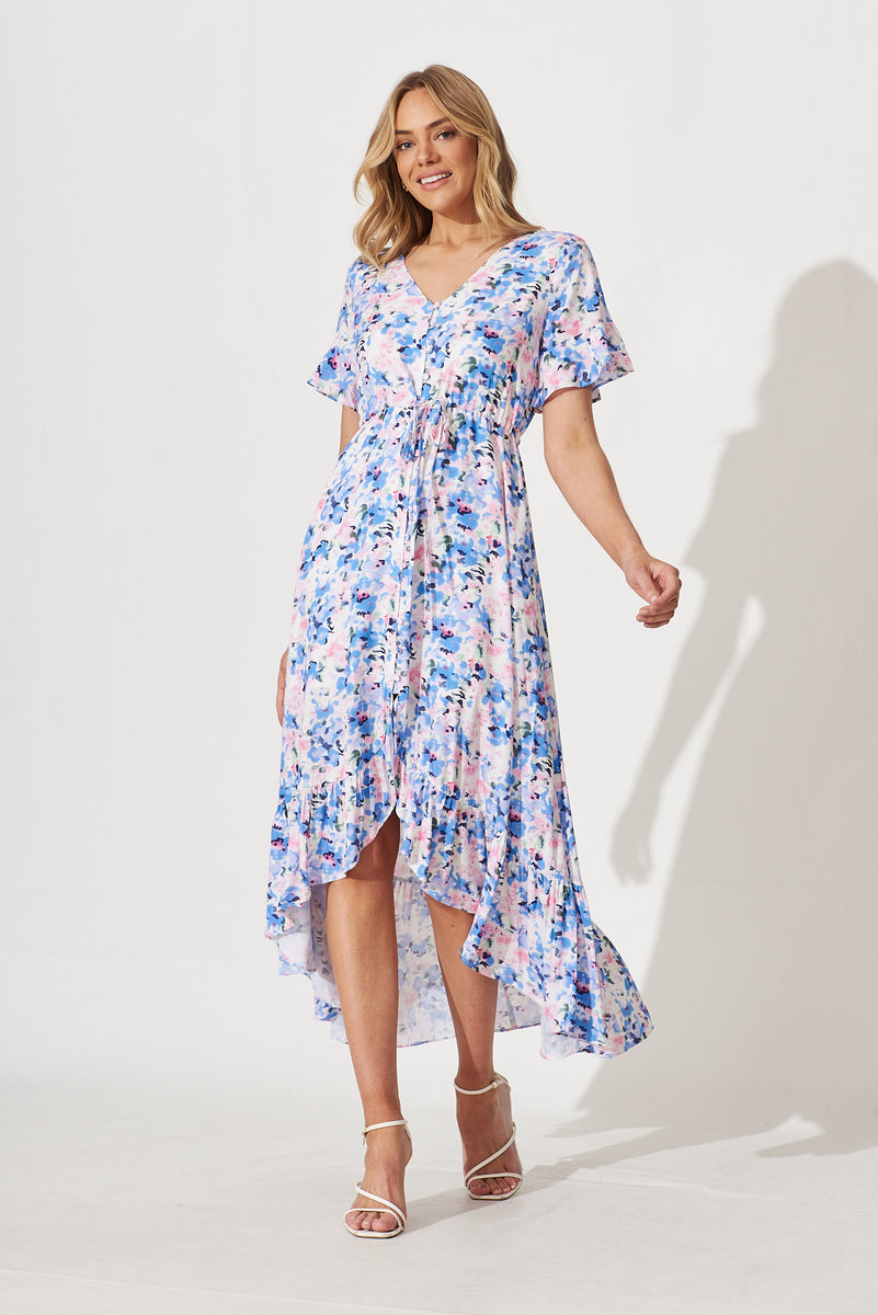 Cara Maxi Dress In White With Blue Watercolour Floral Print – St Frock