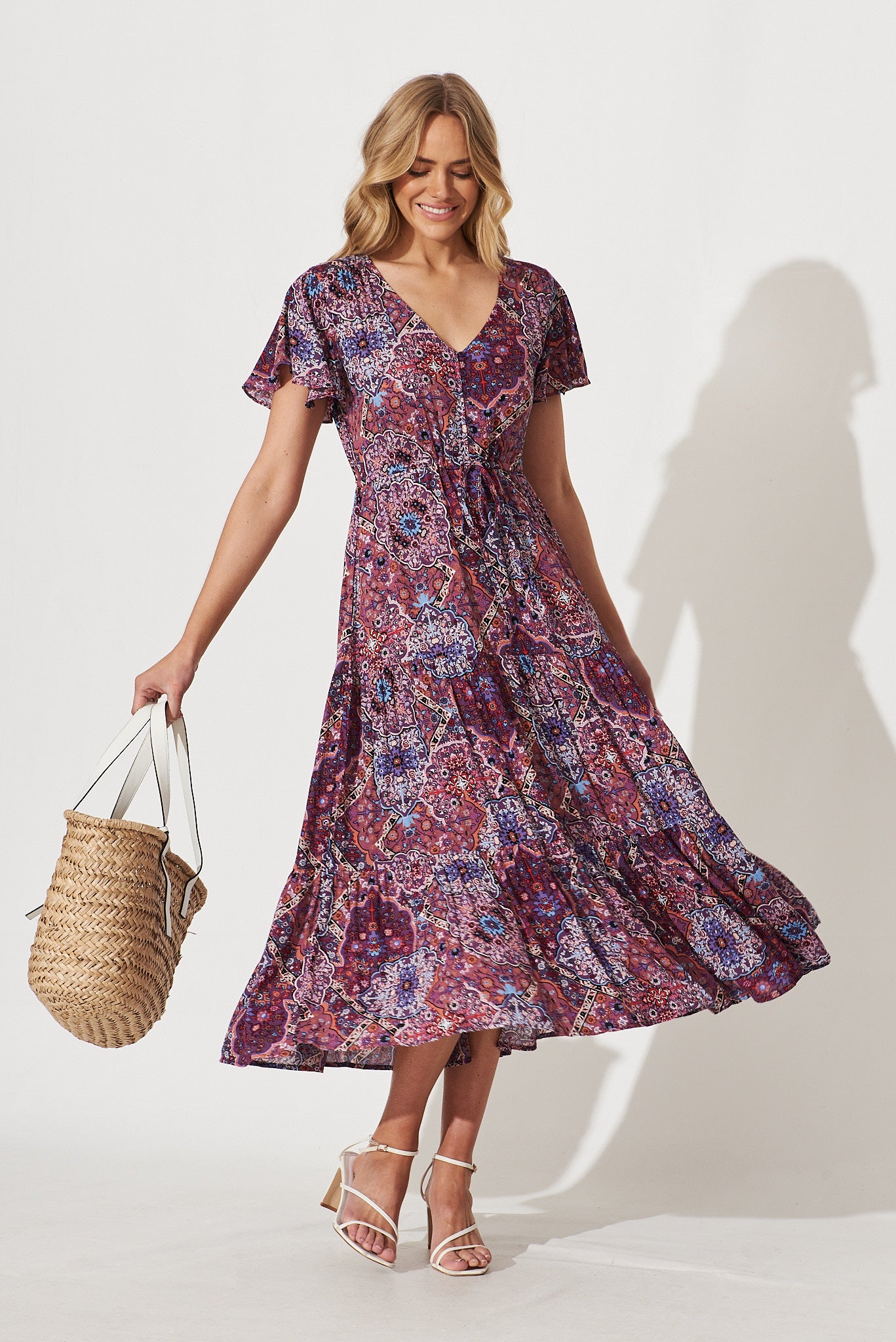 Dolly Midi Dress In Purple With Multi Boho Print - full length