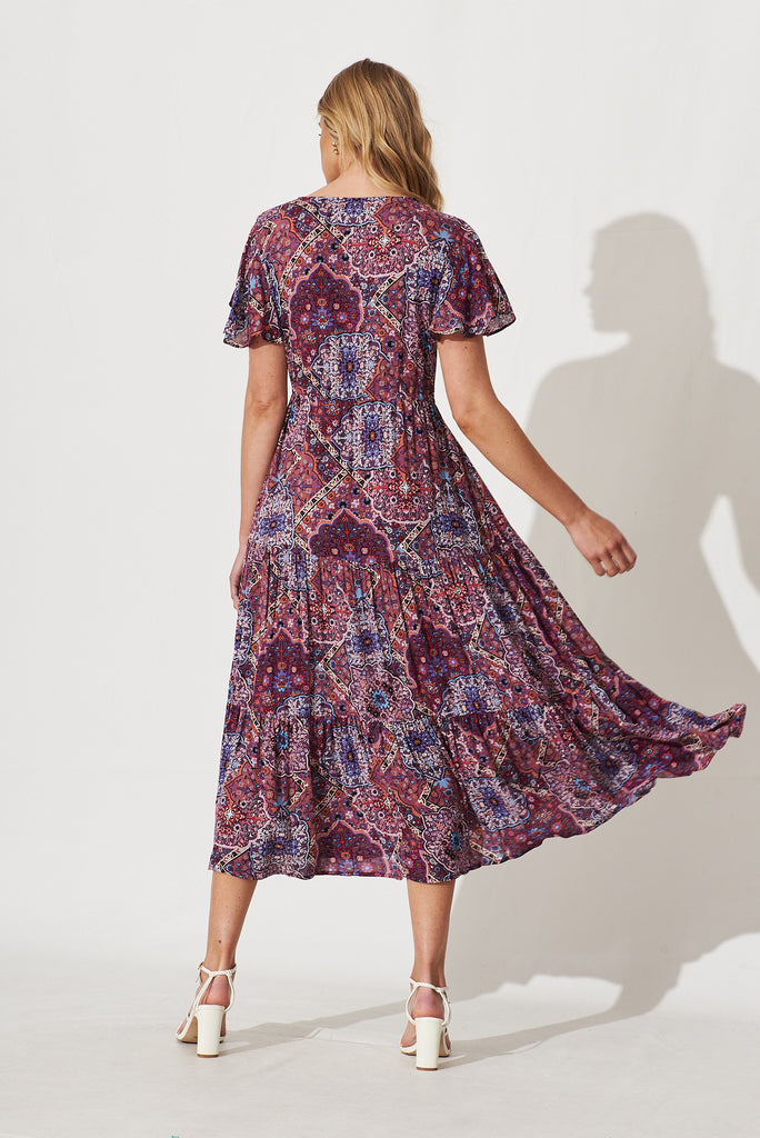 Dolly Midi Dress In Purple With Multi Boho Print - back