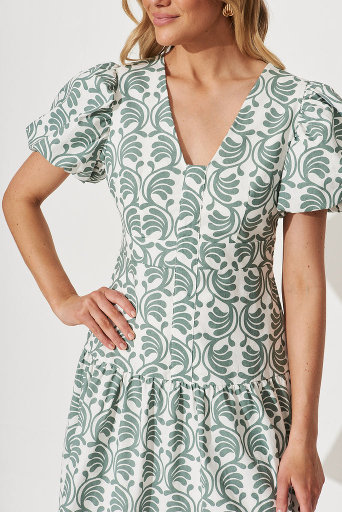 Abbey Dress In White With Khaki Swirl Print Cotton - detail