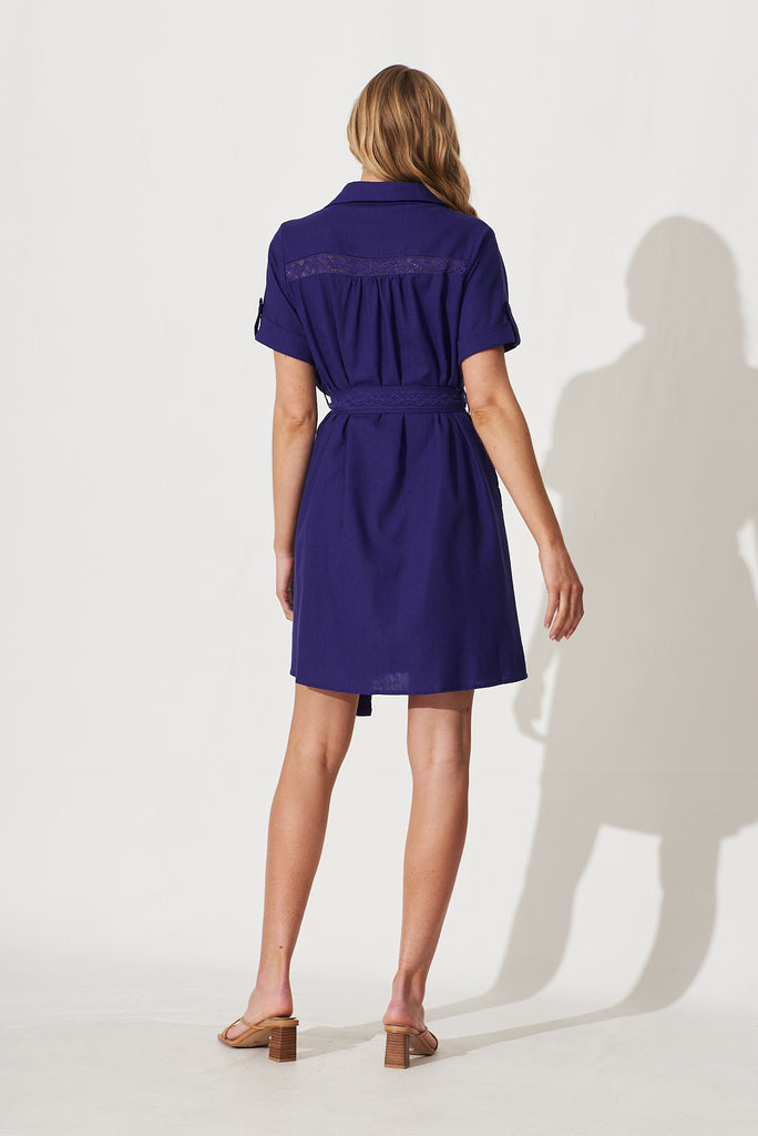 Meryl Shirt Dress In Cobalt Blue Linen Blend - back