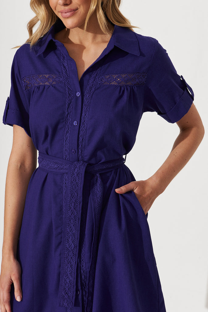 Meryl Shirt Dress In Cobalt Blue Linen Blend - detail