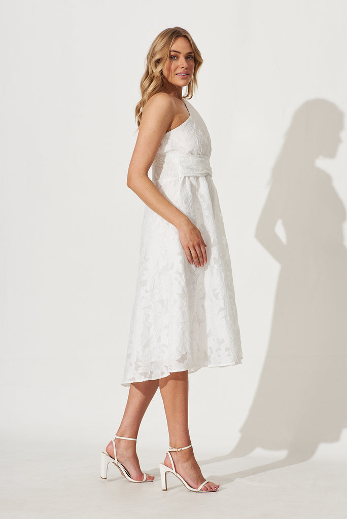 Majestic One Shoulder Midi Dress In White Organza Burnout - side