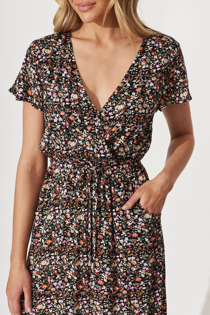 Billie Dress In Black With Multi Floral - detail