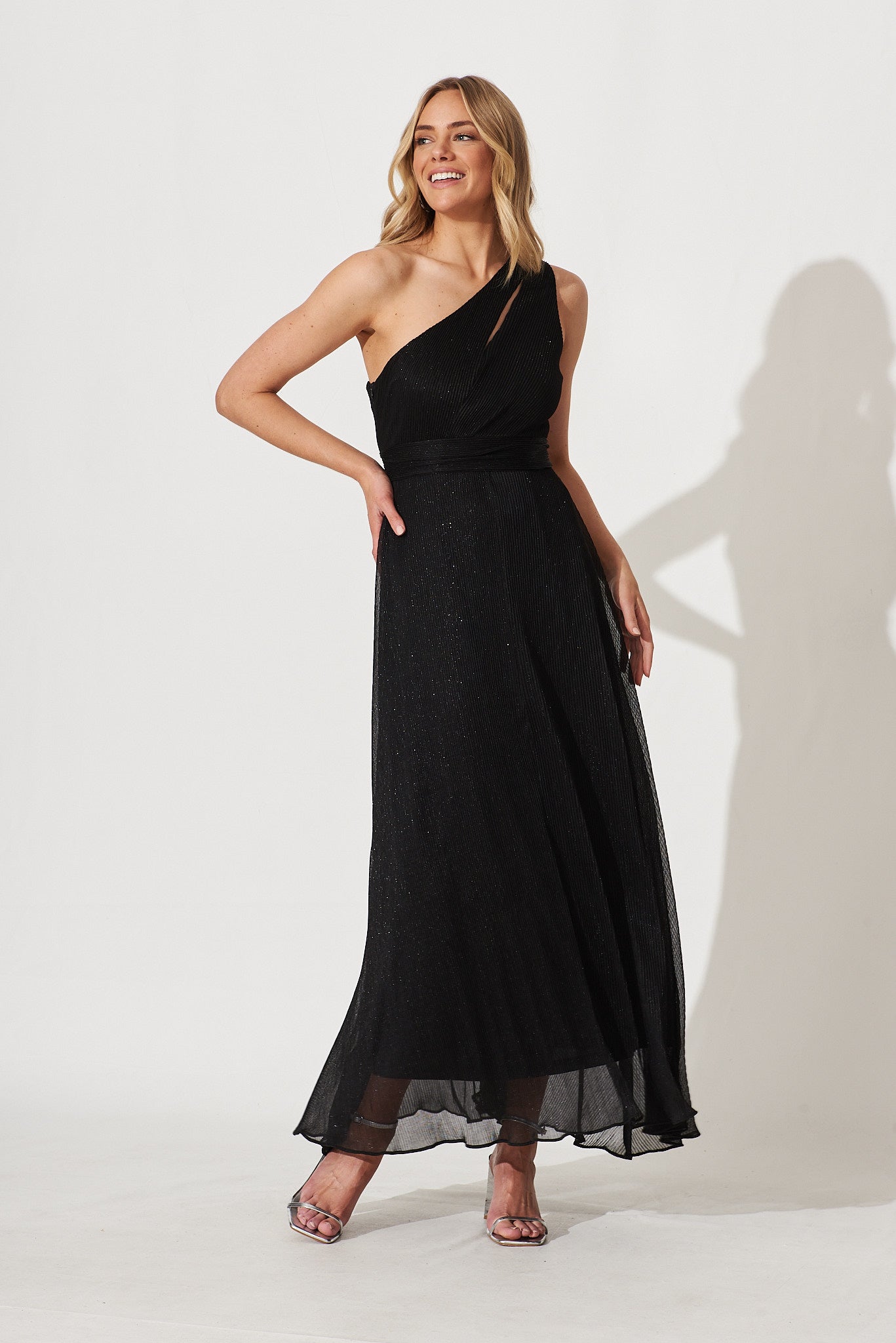 Dazzling One Shoulder Maxi Dress In Black Lurex St Frock