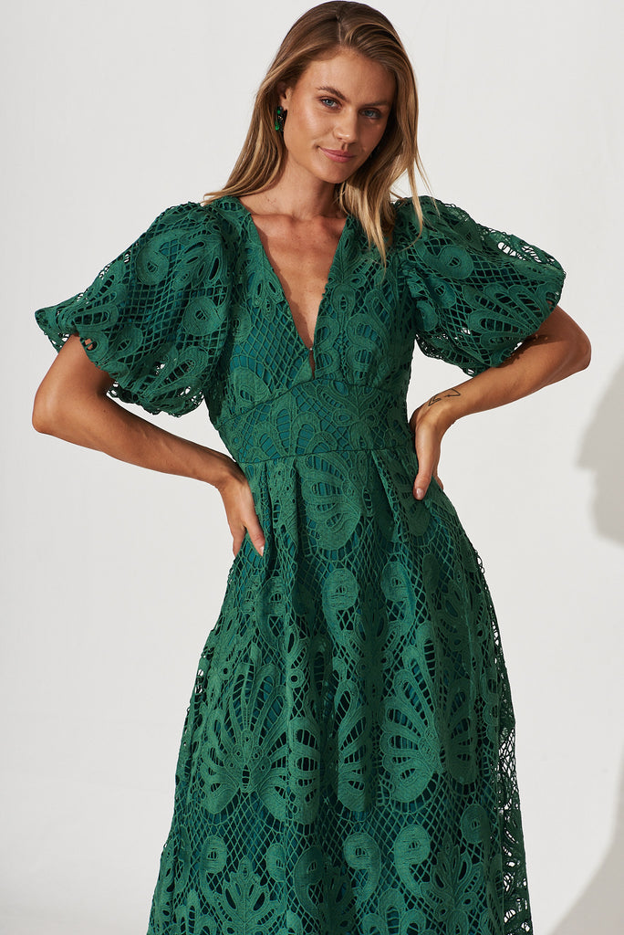 Millie Lace Maxi Dress In Emerald - front