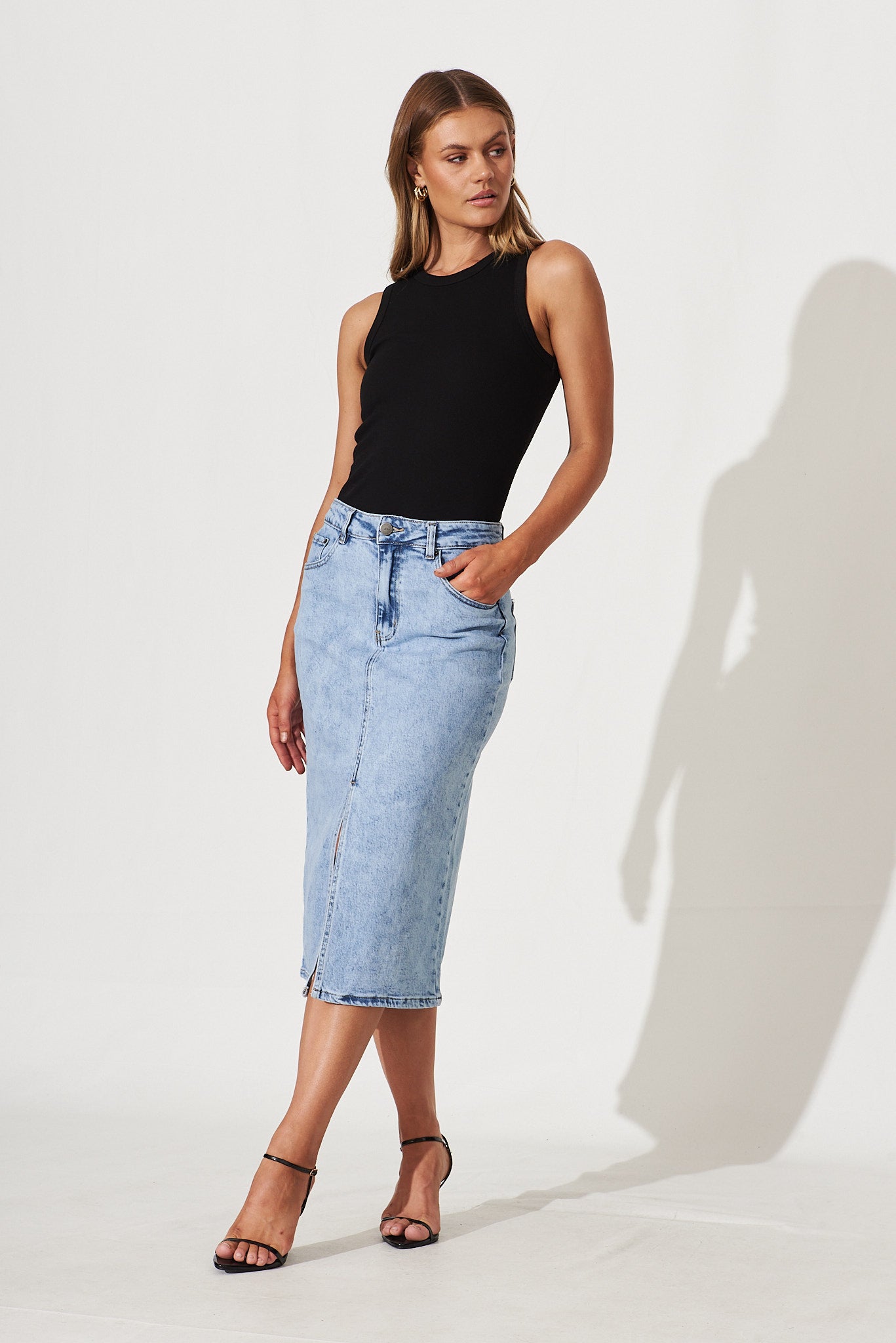 Deja Vu Midi Stretch Denim Skirt In Light Blue Wash - full length