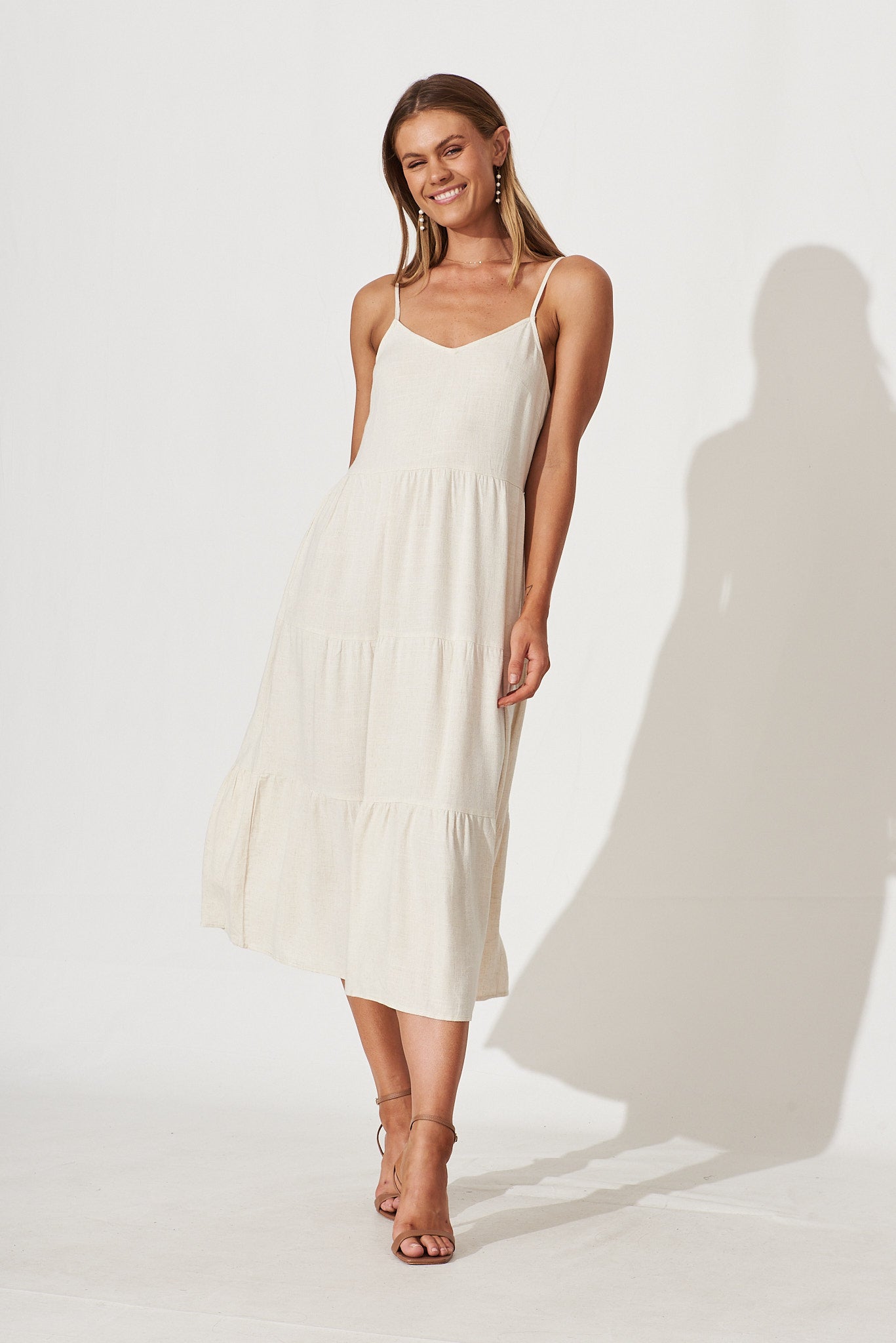 Utopia Midi Sundress In Oatmeal Linen - full length