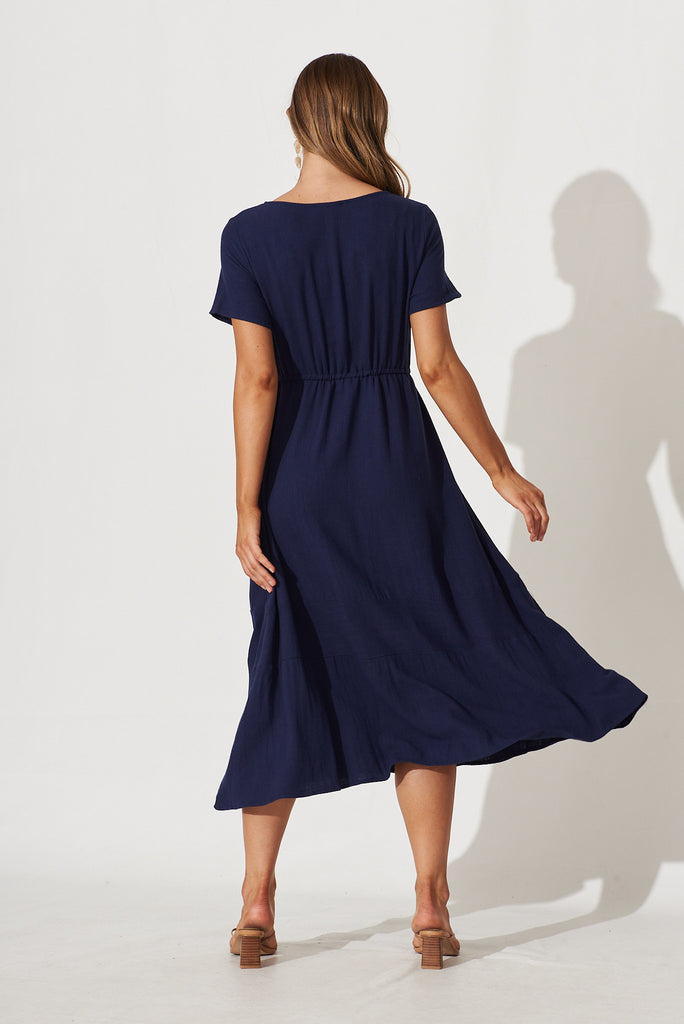 Mary Midi Dress In Navy Linen - back