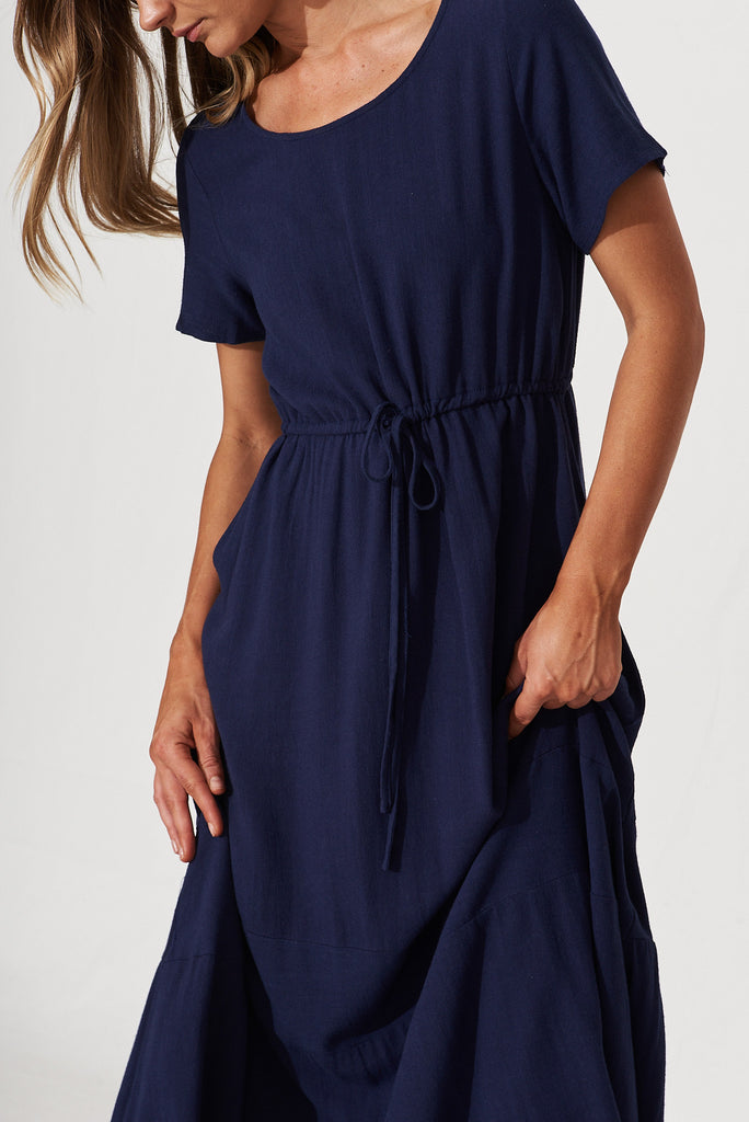 Mary Midi Dress In Navy Linen - detail