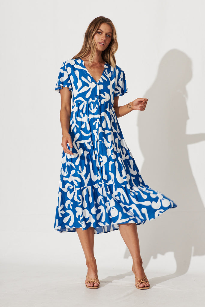 Monaco Midi Smock Dress In Blue With White Print - full length