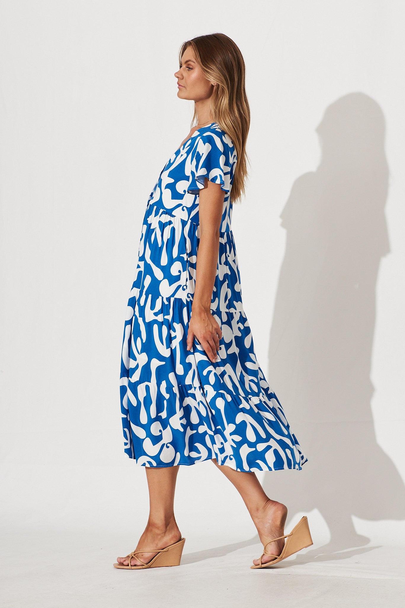 Monaco Midi Smock Dress In Blue With White Print – St Frock