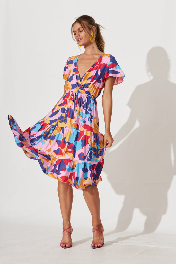 Aquarius Midi Dress In Bright Multi Leaf Print - full length