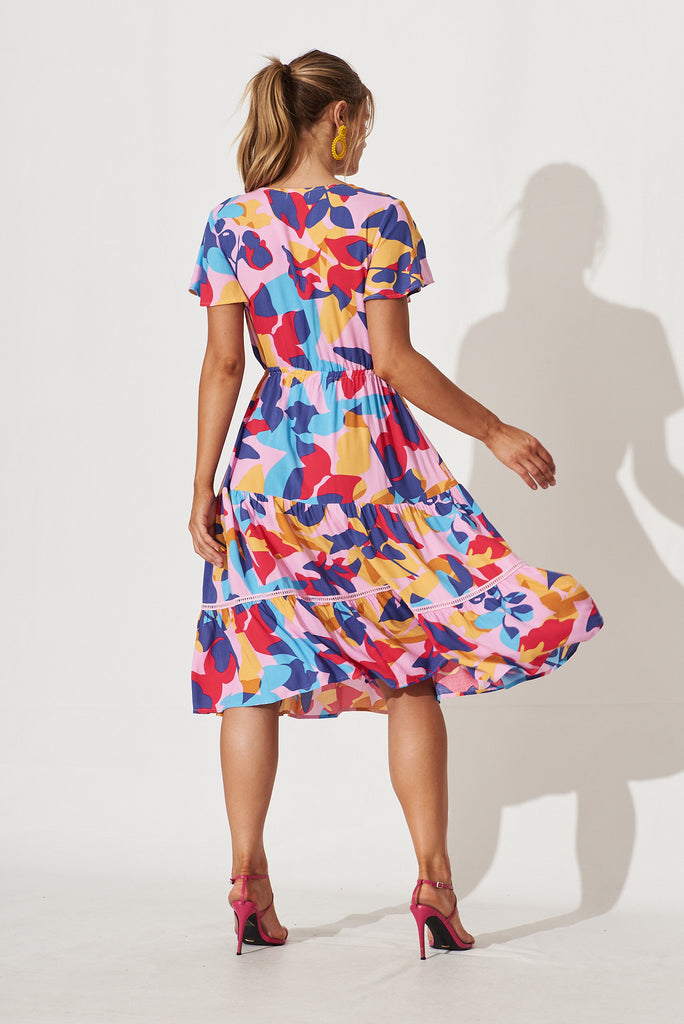 Aquarius Midi Dress In Bright Multi Leaf Print - back