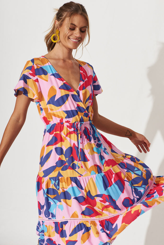 Aquarius Midi Dress In Bright Multi Leaf Print - front