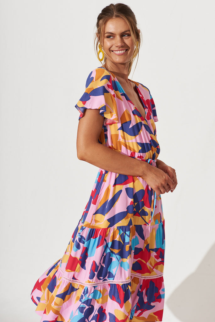 Aquarius Midi Dress In Bright Multi Leaf Print - side