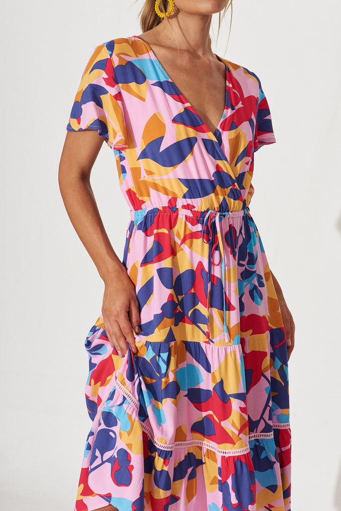 Aquarius Midi Dress In Bright Multi Leaf Print - detail