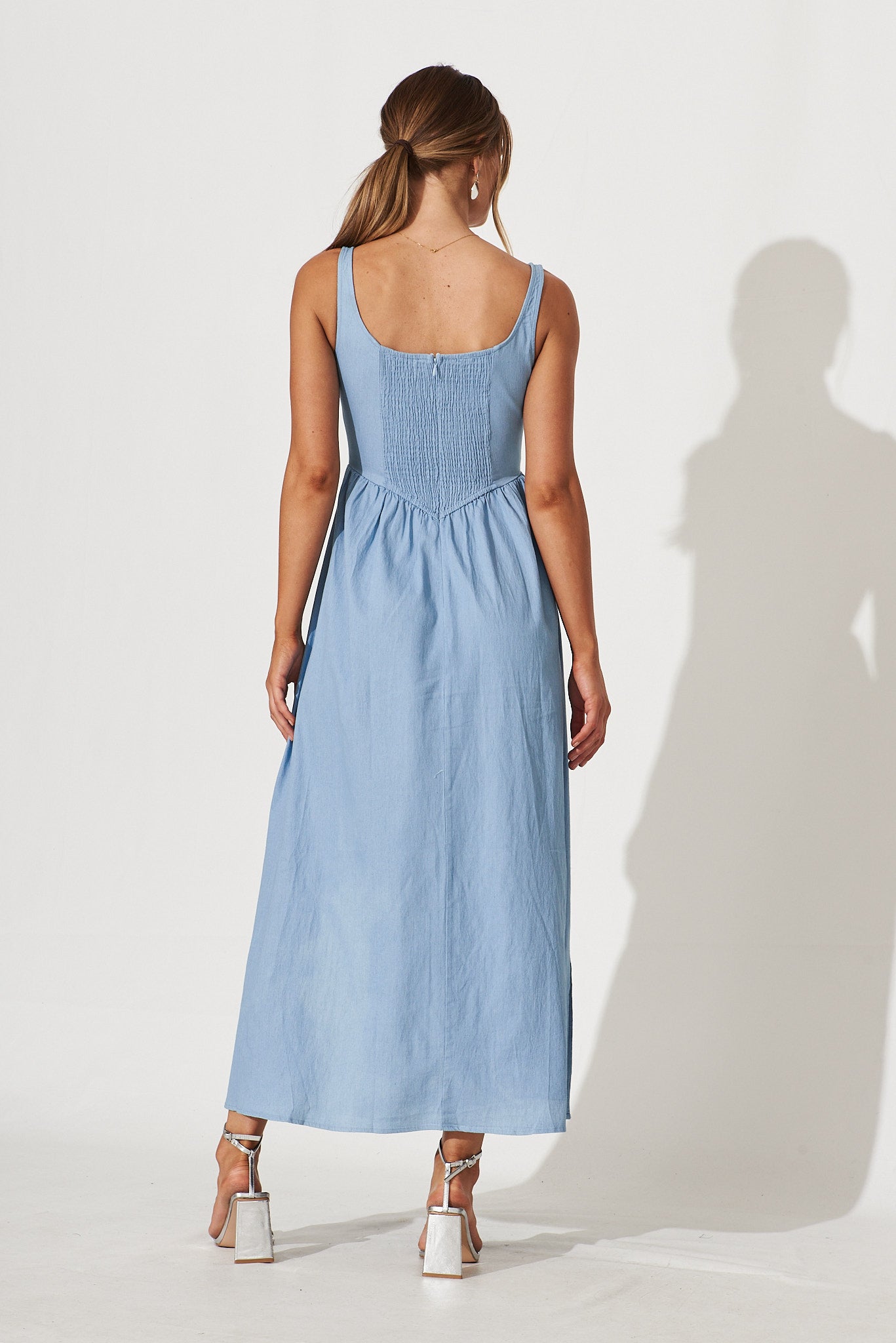 Light Blue Denim Tiered Maternity Midi Dress– PinkBlush