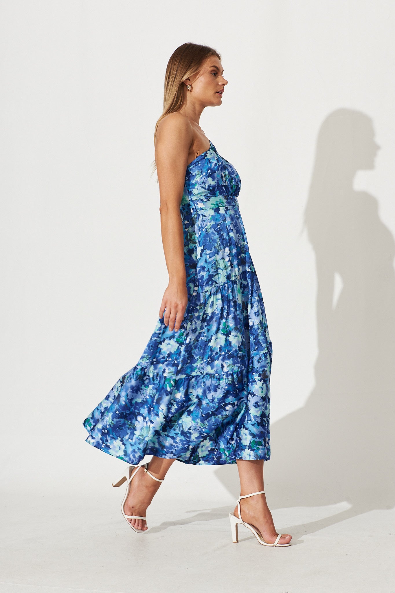 November Rain One Shoulder Maxi Dress In Blue Watercolour Floral