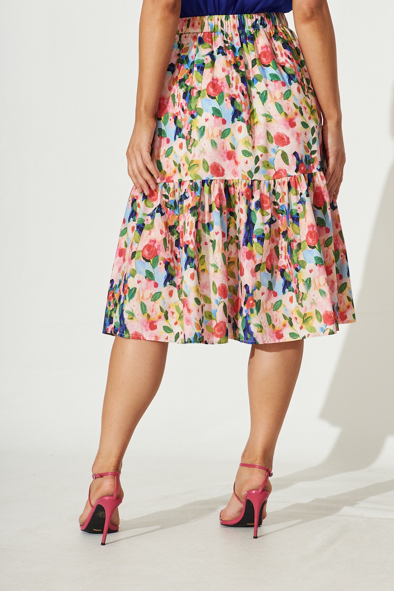Paradise Midi Skirt In Pink With Multi Watercolour Floral Cotton – St Frock