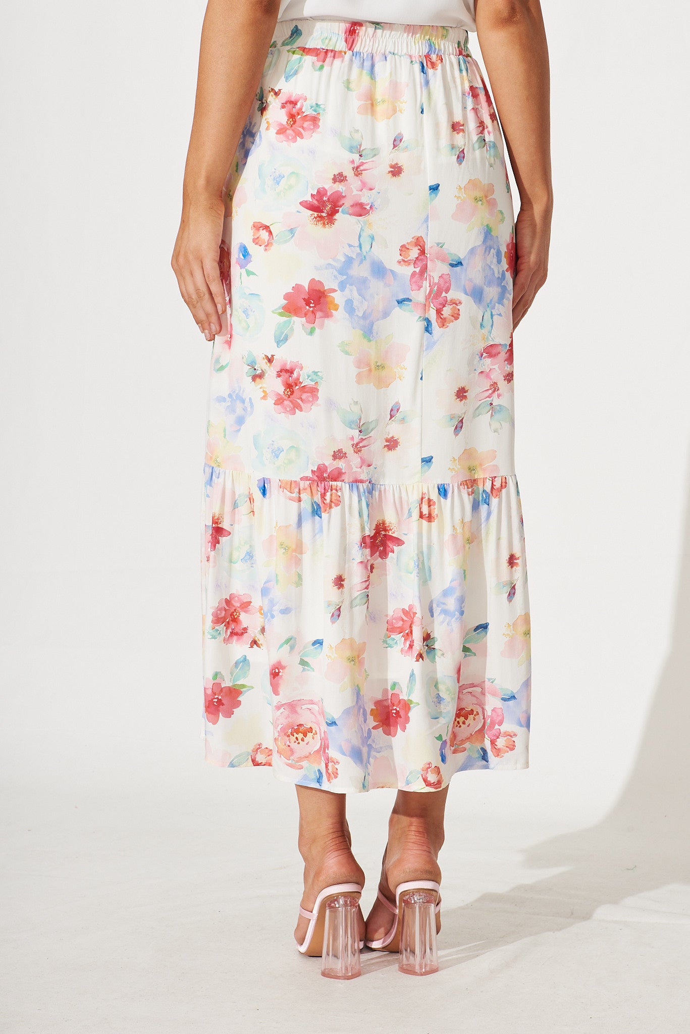 Jules Midi Skirt In White With Bright Watercolour Floral Print – St Frock