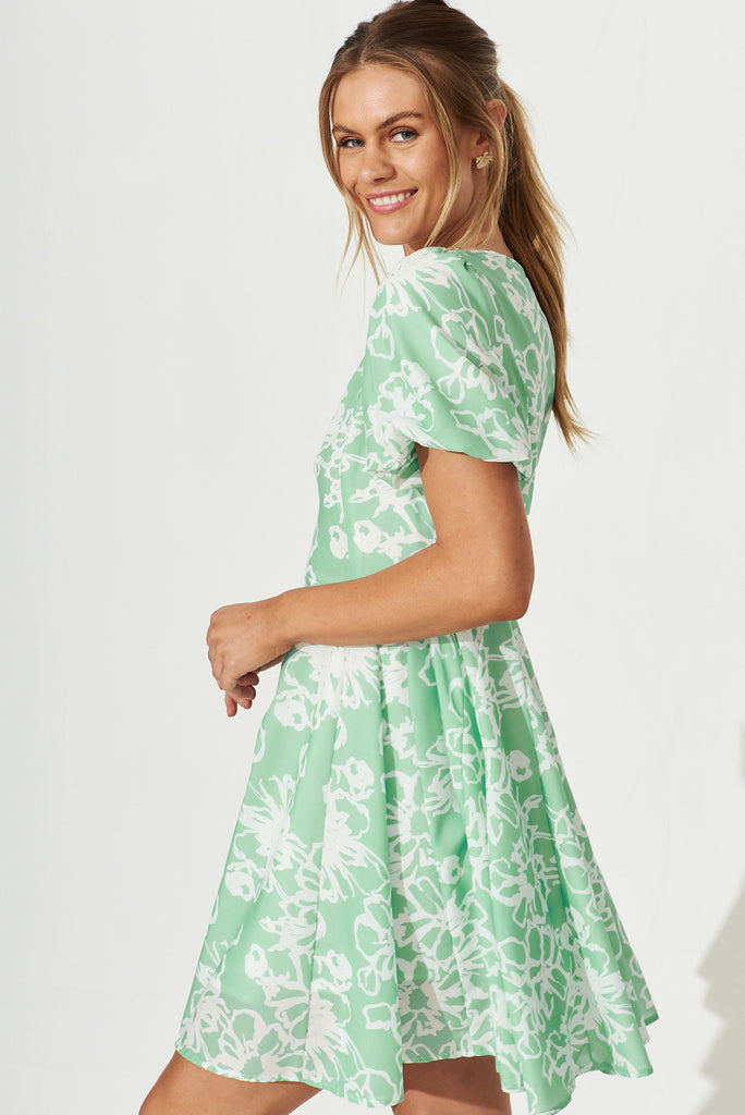 Kinsley Dress In Green With White Floral Print Cotton Blend - side