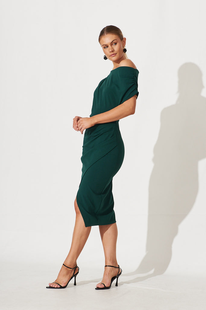 Phoenix Off Shoulder Midi Dress In Emerald - side