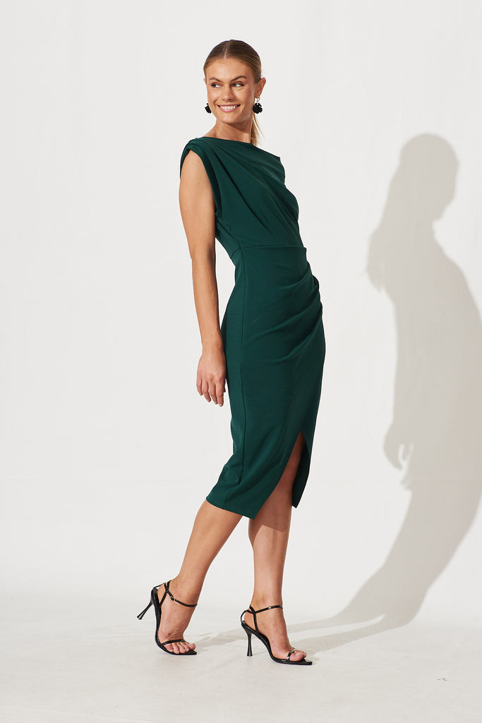 Phoenix Off Shoulder Midi Dress In Emerald - side