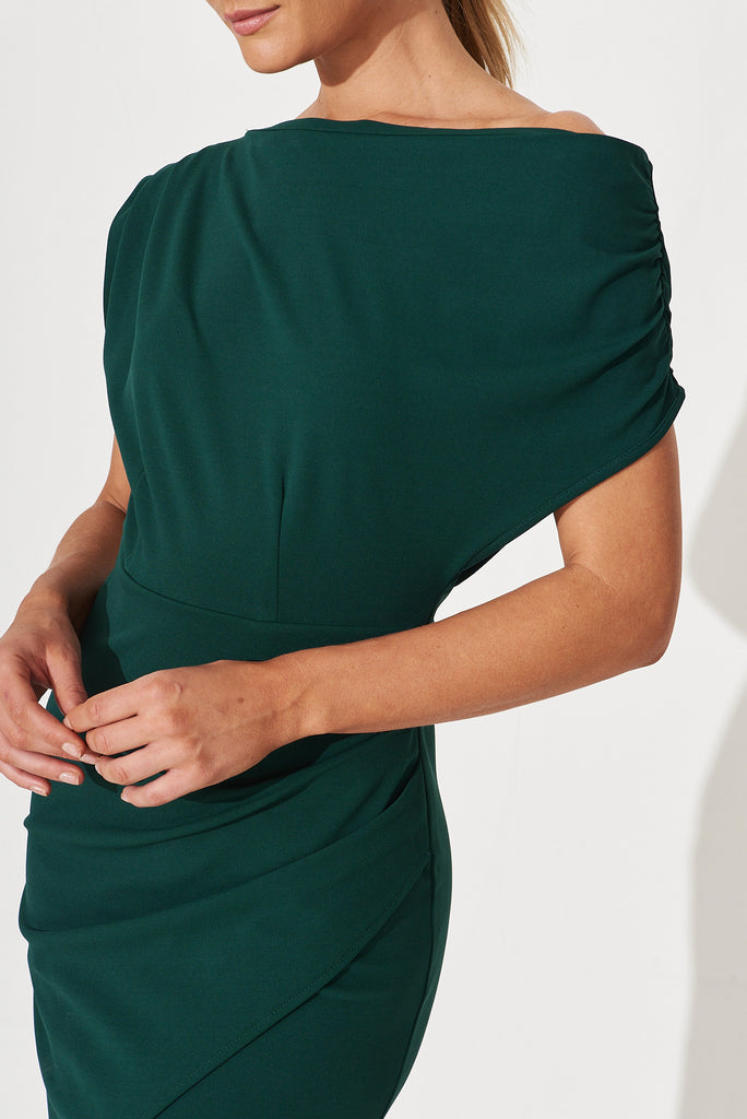 Phoenix Off Shoulder Midi Dress In Emerald - detail