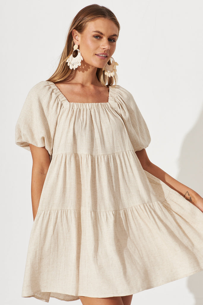 Nessa Smock Dress In Oatmeal Linen Blend - front