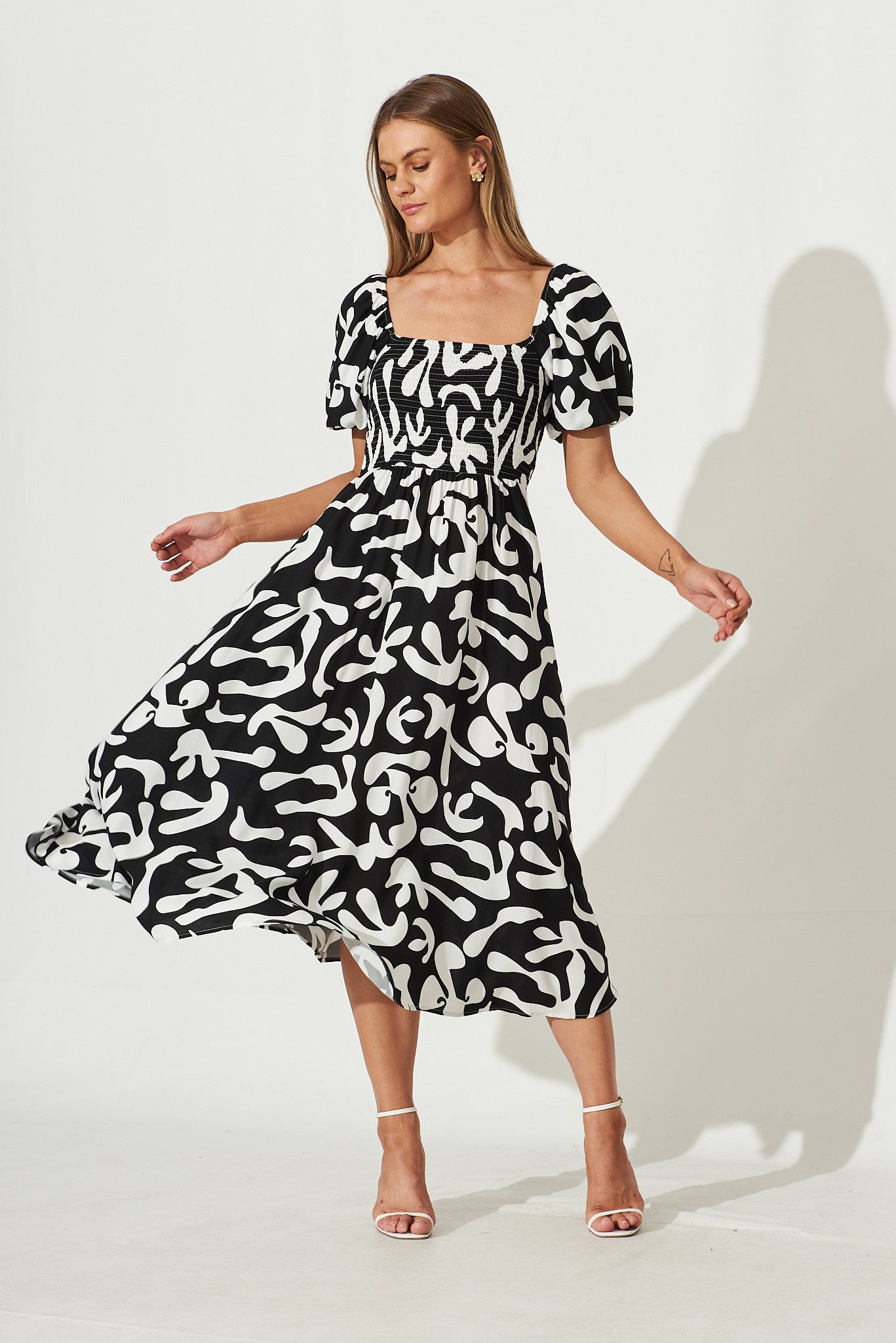 Mariam Midi Dress In Black With White Print - full length