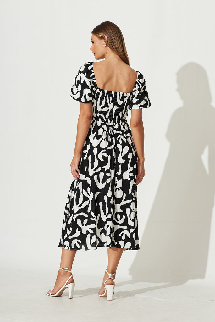 Mariam Midi Dress In Black With White Print - back