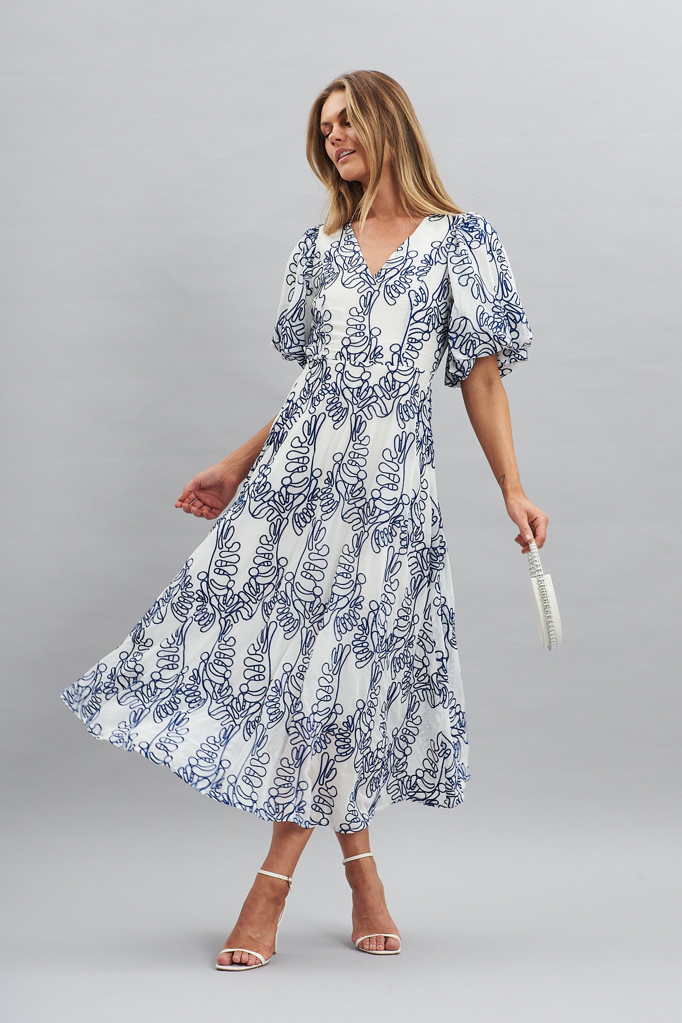 White maxi dress outlet with blue embroidery